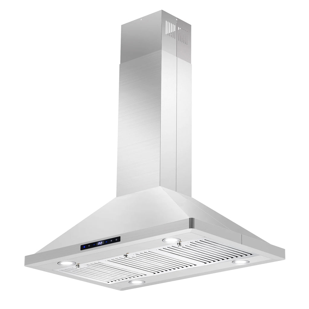 Cosmo 4 Piece Kitchen Appliance Package with 36" Freestanding Dual Fuel Range 36" Island Range Hood 24" Built-in Integrated Dishwasher & French Door Refrigerator Kitchen Appliance Bundles