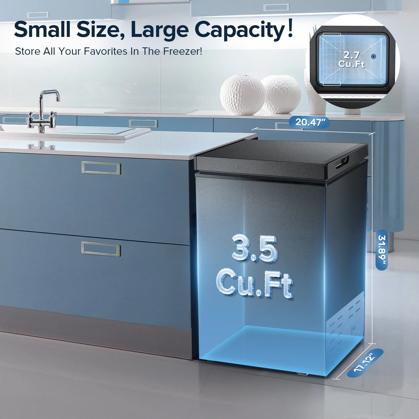LHRIVER Mini Freezer Chest 3.5 cu ft, Deep Freezer & Side Handle, Compact Freezer with 7 Gear Adjustable Temperature, Removable Storage Basket, Black