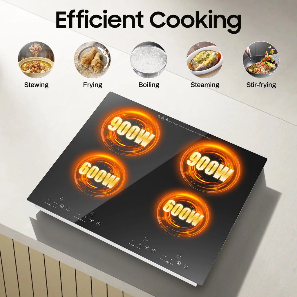 Peakora Electric Cooktop, Built-in Cooktop 3000W, Electric Stove Top with 4 Electric Burners, 9 Heating Level, Kid Safety Lock, Sensor Touch Control, 110V