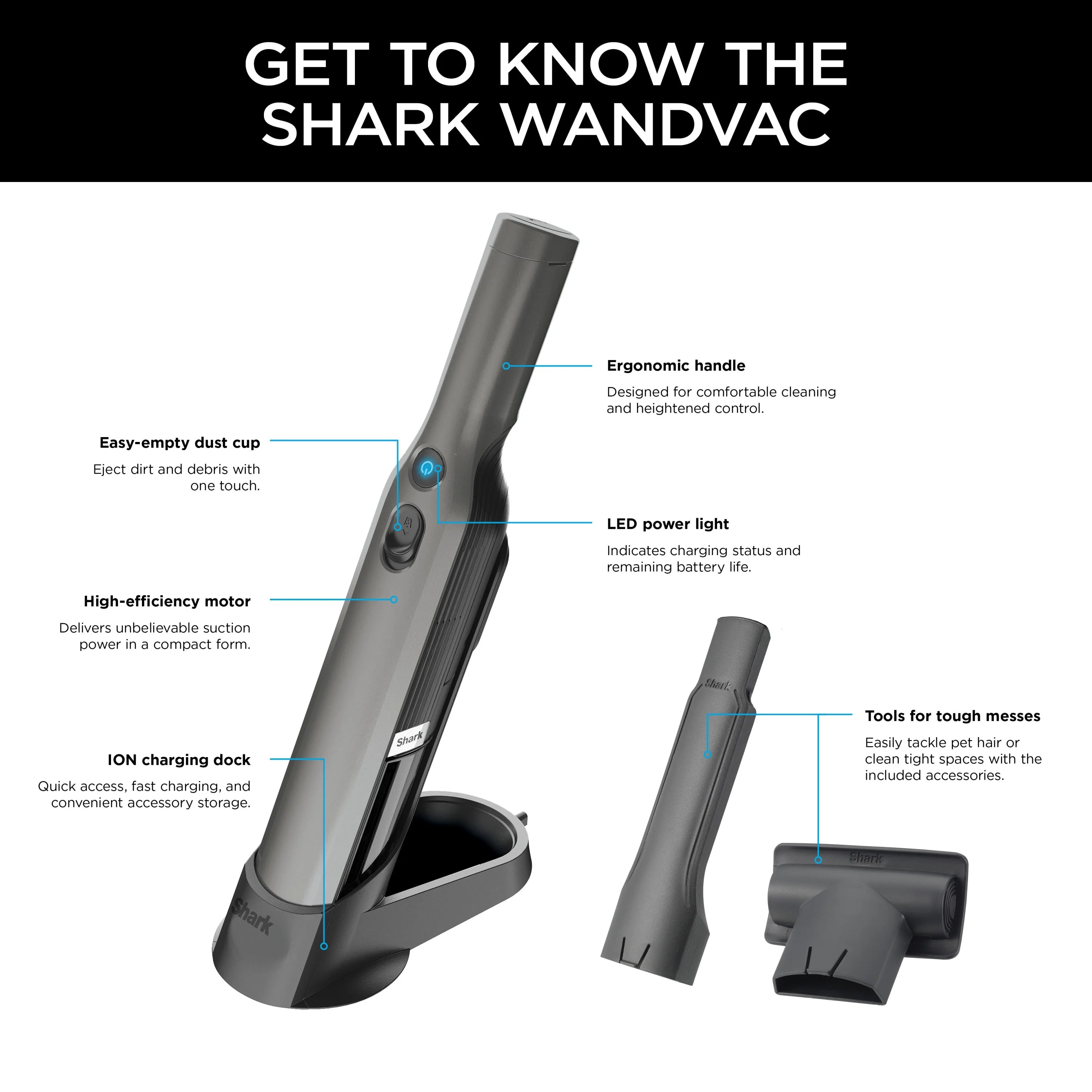 Shark Cordless Handheld Vacuum , Wandvac, for Pet Hair, Carpet & Car, Powerful suction, high speed brushless motor, ultralight weight, with easy emptying and charging dock, WV200, Graphite
