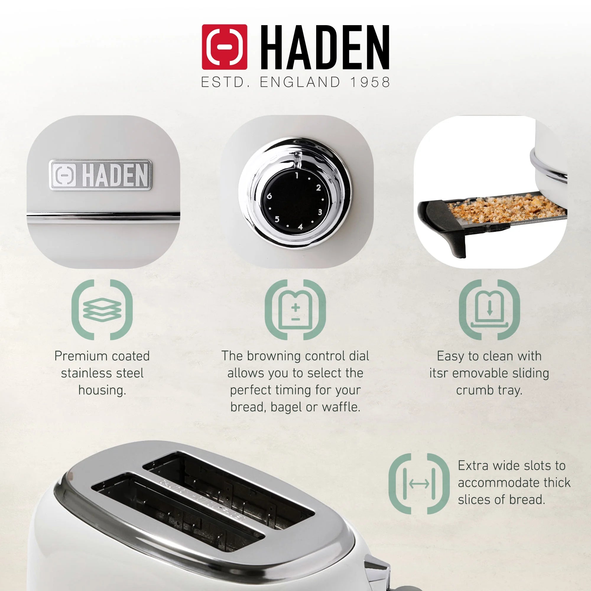 Haden Heritage 1.7 Liter Electric Kettle with 2 Slice Bread Toaster, White