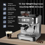 Espresso Machine with Grinder, Professional Coffee and Espresso Maker Combo, Stainless Steel Cafe Espresso Machine with Steam Wand Barista Kit for Cappuccino Latte