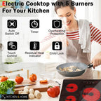 K&H German Designed 5 Burner 36 inch Built-in Kitchen Stove Top Electric Radiant Ceramic Kitchen Cooktop Touch Control 240V 9600W CE36-10208