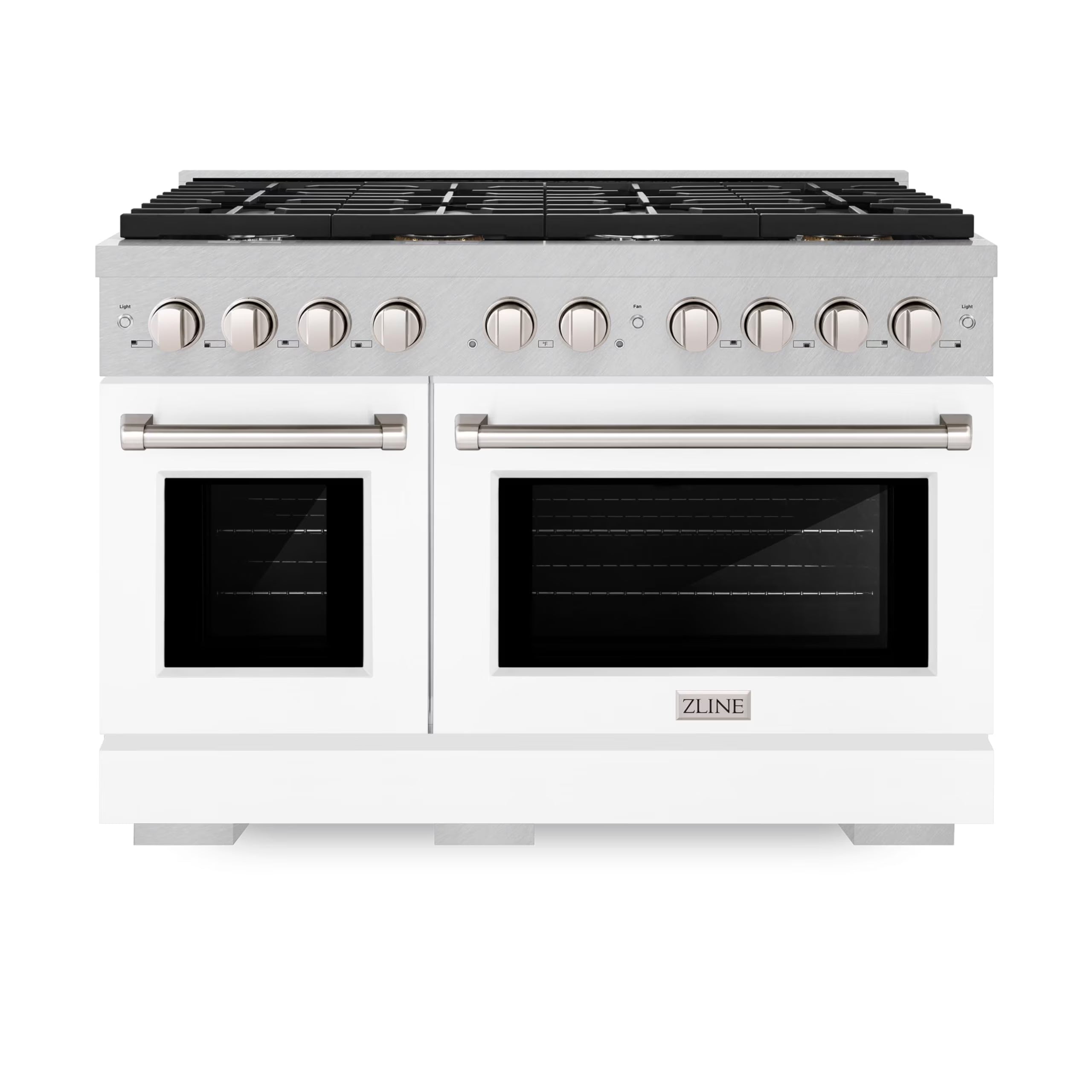 ZLINE 48 in. 6.7 cu. ft. Paramount Double Oven Gas Range with 8 Burner Cooktop in DuraSnow Stainless Steel with White Matte Doors (SGRS-WM-48)