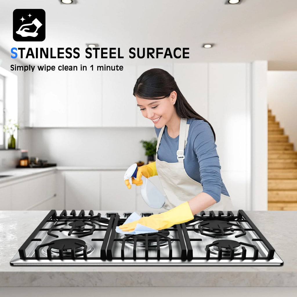 30 Inch Gas Cooktop, 30 inch Bulit-in Gas Stove Top with 5, Five Burner Propane Cooktop with Thermocouple Protection, 30 Inch Stainless Steel NG/LPG Convertible Cooktops Dual Fuel
