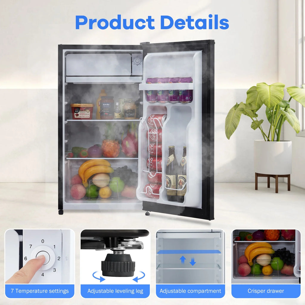 Mini Fridge with Freezer, 3.2 Cu.  Ft Small Refrigerator for Bedroom,7 Adjustable Thermostat,Low Noise,Easy to Storage&Clean Single Door,Refrigerator For Home, Office, Dorm, Garage or RV