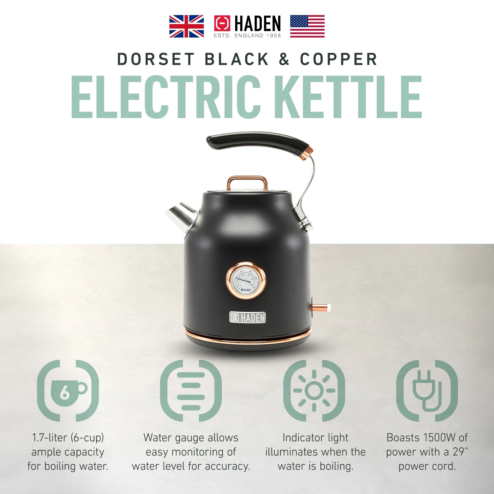 Open Box Haden 1.7 Liter Electric Water Kettle w/ 360-Degree Base, Black/Copper