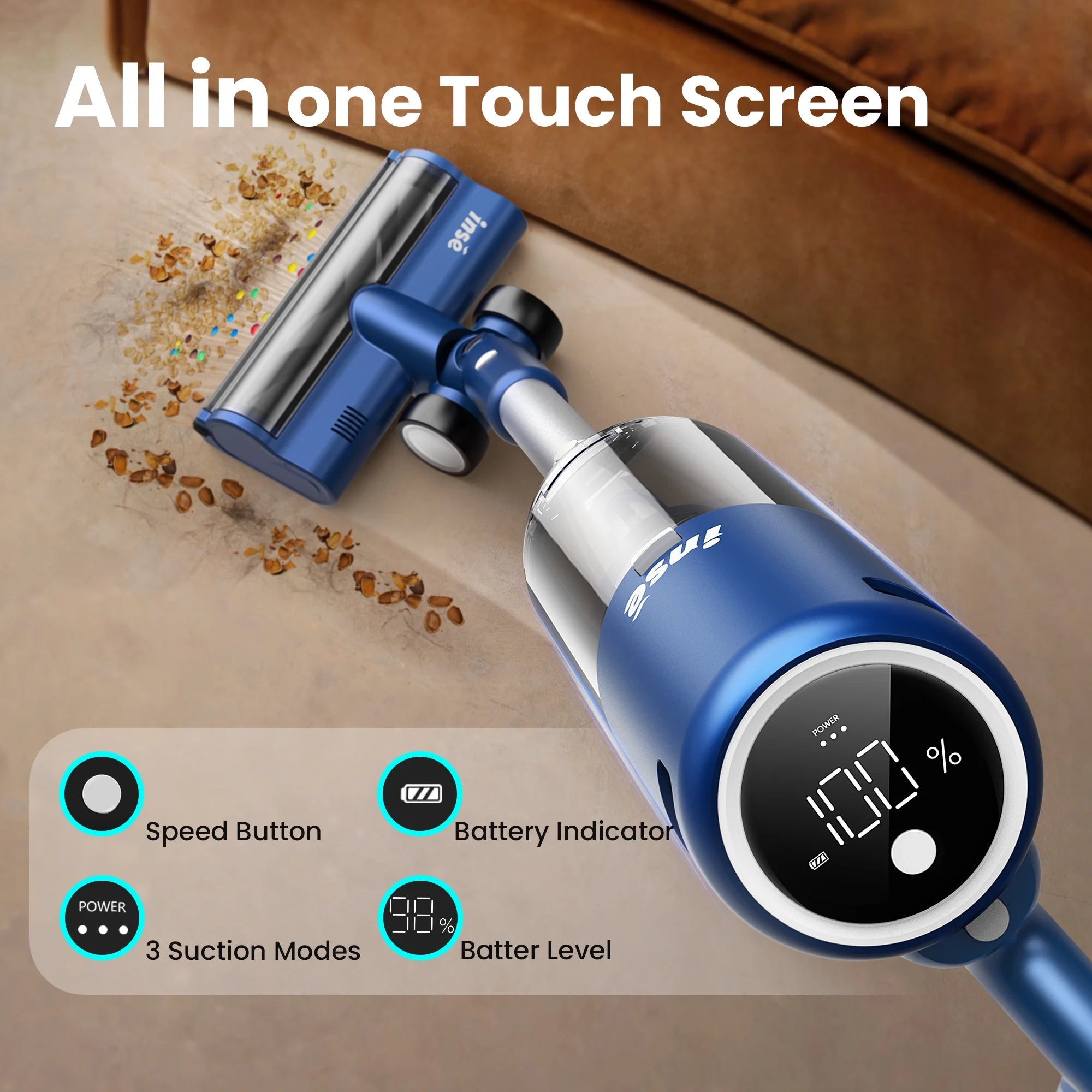 INSE Lightweight Cordless Vacuum with 30Kpa Powerful Suction & 60 Mins Runtime, Stick Vacuum  for Carpet, Tile, Pet Hair, Hardwood Floors
