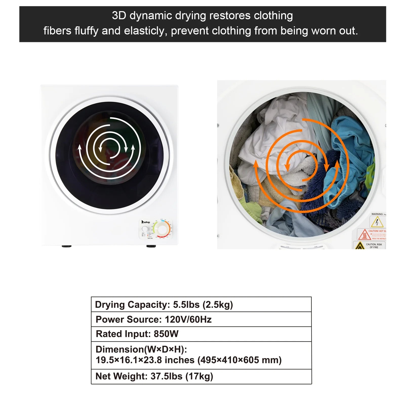 GYM25-78 Compact Portable Household clothes Dryer 1.6cuft with Stainless Steel Drum Black and White 120V MECHANICAL Control ETL Certification
