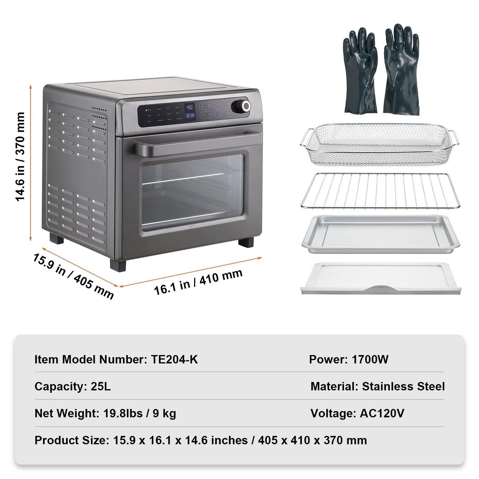 12-In-1 air-fried toaster oven, 25L convection table oven, 1700W stainless steel with pizza pan, rack and gloves, 12-slice and 12-inch pizza capacity