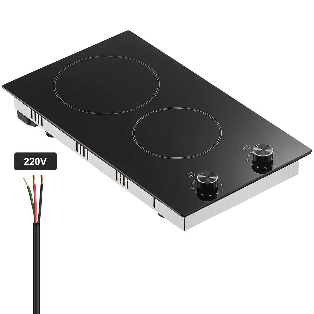 KFFKFF Built-in 2 Burner Electric Cooktop, 12" Electric Range, 3000W Electric Stove Top with Smooth Ceramic Surface, Rotary Dial, 11 Temperature Settings, 220-240V, Direct Wiring Required