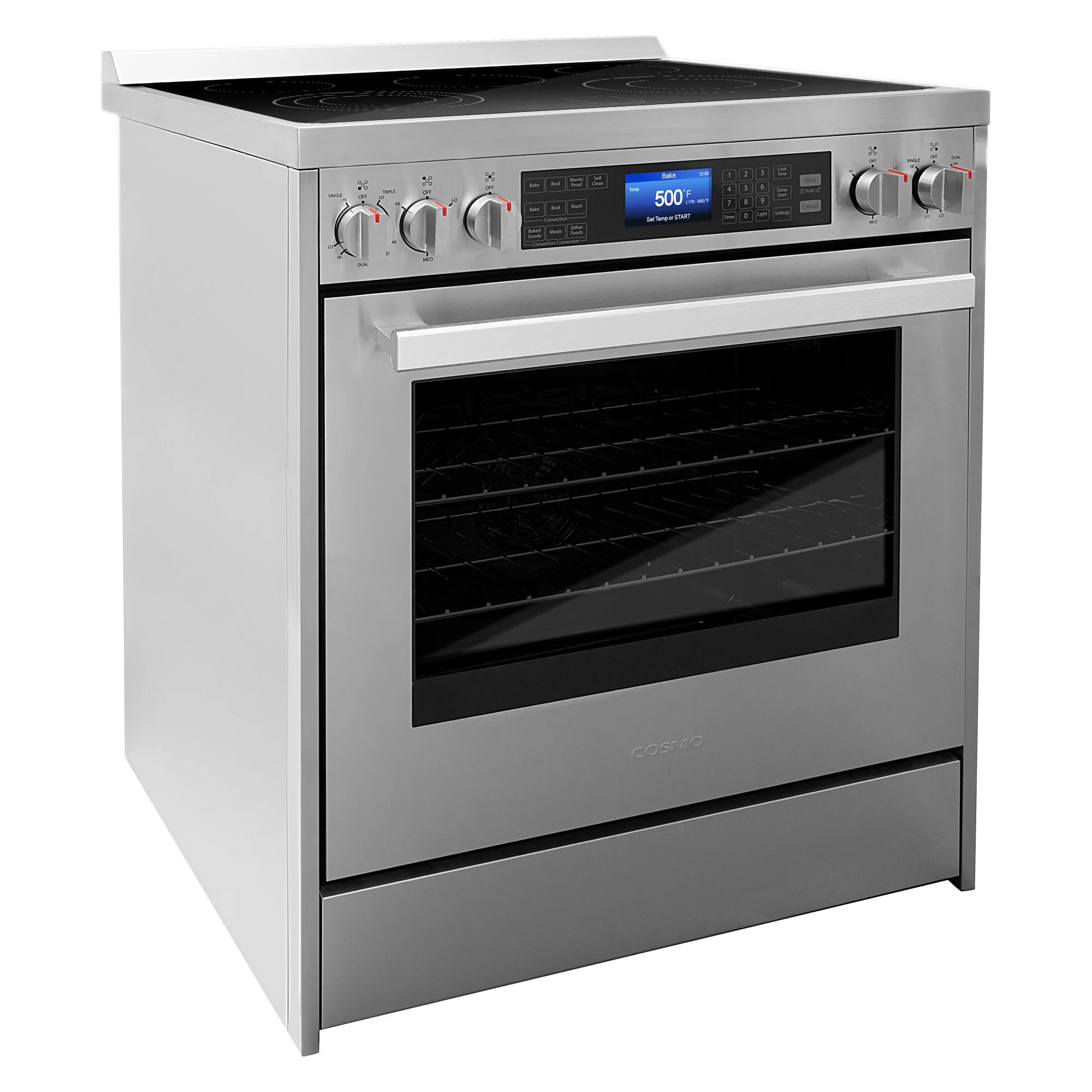Cosmo 5 Piece Kitchen Appliance Packages with 30" Freestanding Electric Range 30" Island Range Hood 24" Built-in Fully Integrated Dishwasher French Door Refrigerator & 48 Bottle Wine Refrigerator