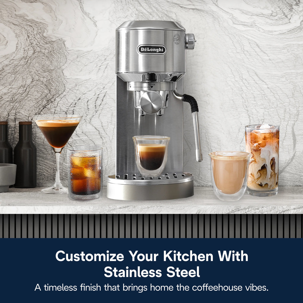 De'Longhi Dedica Duo Espresso Machine, Compact Size with Built in Frother for Latte Art, Brew Espresso, Cold Brew, Lattes & More, Stainless Steel