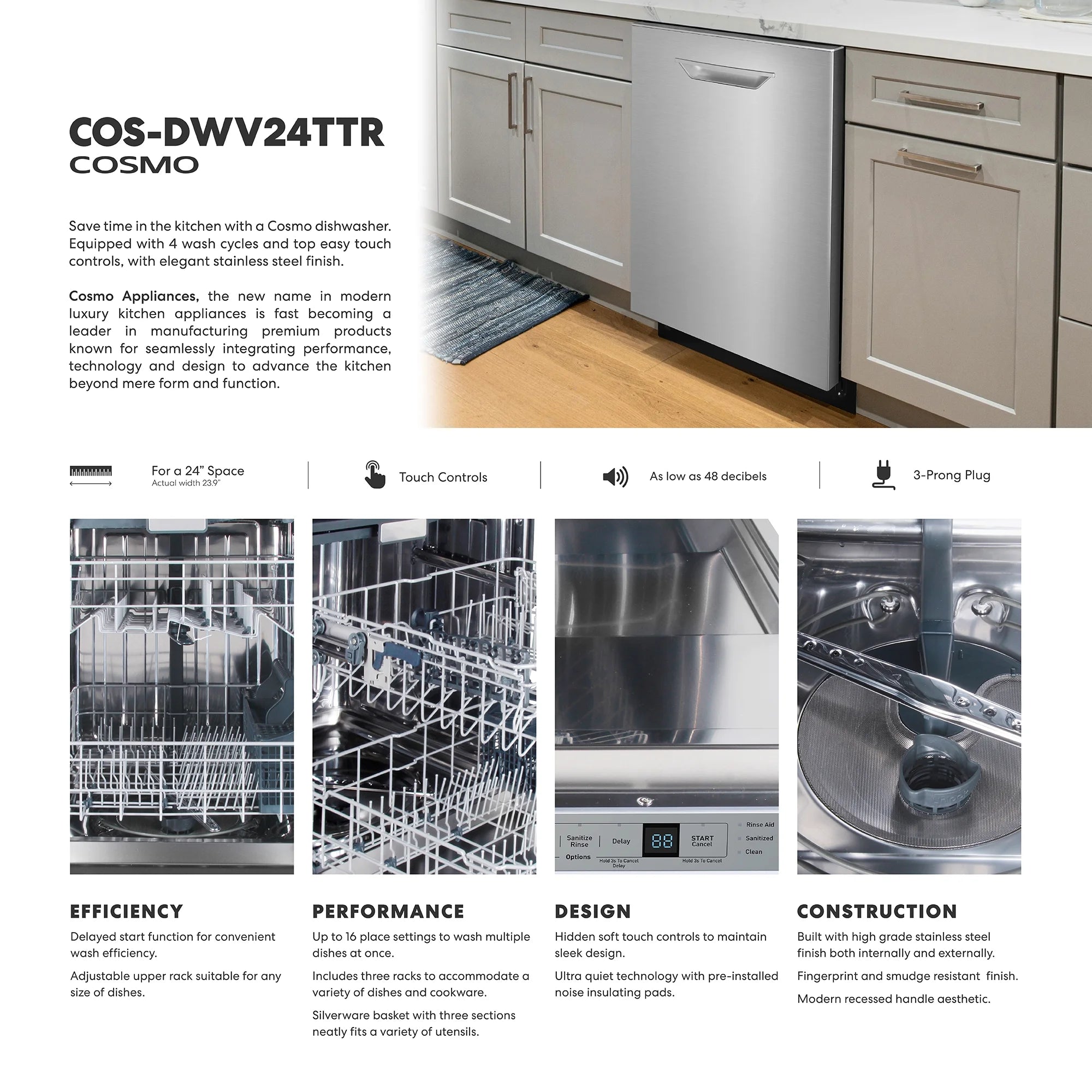 Cosmo 24 in. Vista Collection Built-in Dishwasher, Advanced Sanitize Technology in Stainless Steel