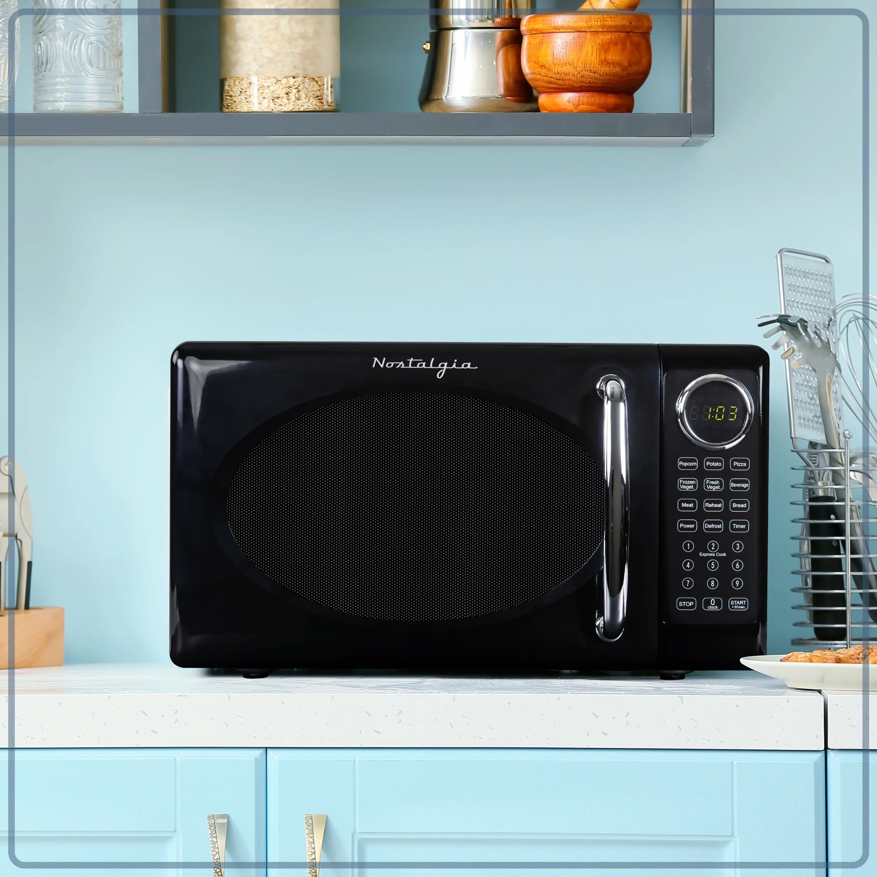 Nostalgia Retro Microwave Oven - 0.7 Cu Ft & 700-Watt Countertop Microwave with Glass Turntable, Child Safety Lock, 8 Auto-Cook Programs & Digital Clock - Aqua