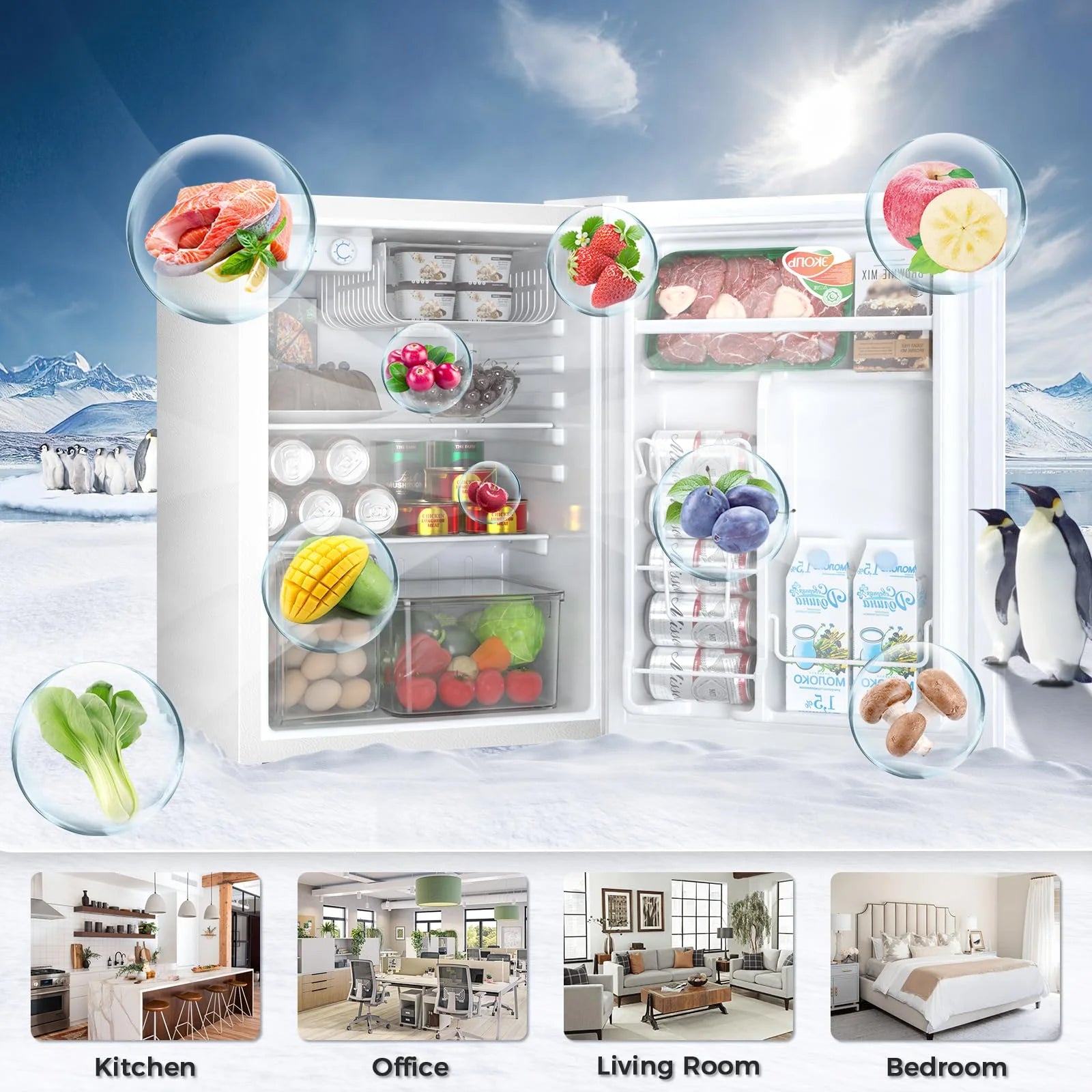 FREE VILLAGE 3.2 Cu.Ft. Mini Fridge with Freezer, Small Refrigerators with Adjustable Thermostat, Low Noise, Energy Saving, Compact Refrigerators for College Dorm, Office, Bedroom, Apartment, White