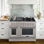 Akicon 48" Slide-in Freestanding Professional Style Gas Range with 6.7 Cu. Ft. Oven, 8 Burners, Convection Fan, Cast Iron Grates, & Blue Porcelain Oven Interior, In Stainless Steel