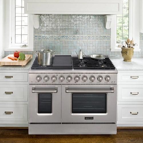 Akicon 48" Slide-in Freestanding Professional Style Gas Range with 6.7 Cu. Ft. Oven, 8 Burners, Convection Fan, Cast Iron Grates, & Blue Porcelain Oven Interior, In Stainless Steel