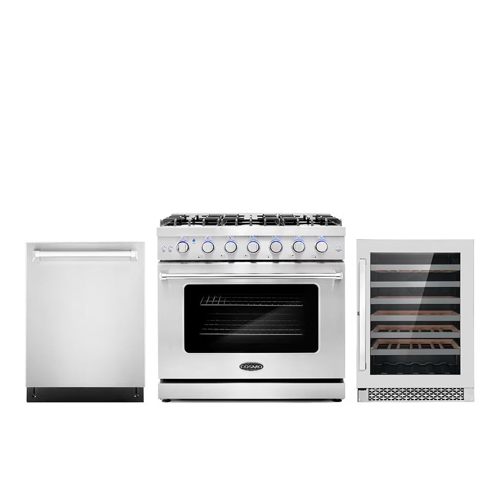 Cosmo 3 Piece Kitchen Appliance Packages with 36" Freestanding Gas Range Kitchen Stove 24" Built-in Fully Integrated Dishwasher & 48 Bottle Freestanding Wine Refrigerator Kitchen Appliance Bundles