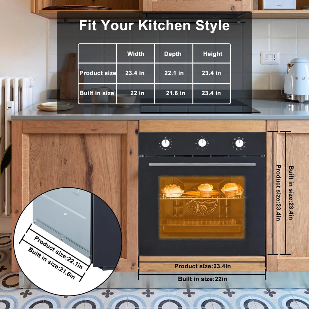 Single Wall Oven 24", Built-in Electric Ovens, 3000W, 240V, 2.5Cu.ft Convection Built-in Oven, Stainless Steel, Mechanical Knobs