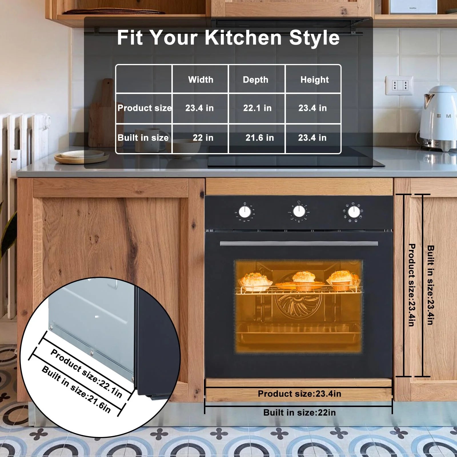 Single Wall Oven 24", Built-in Electric Ovens, 3000W, 240V, 2.5Cu.ft Convection Built-in Oven, Stainless Steel, Mechanical Knobs
