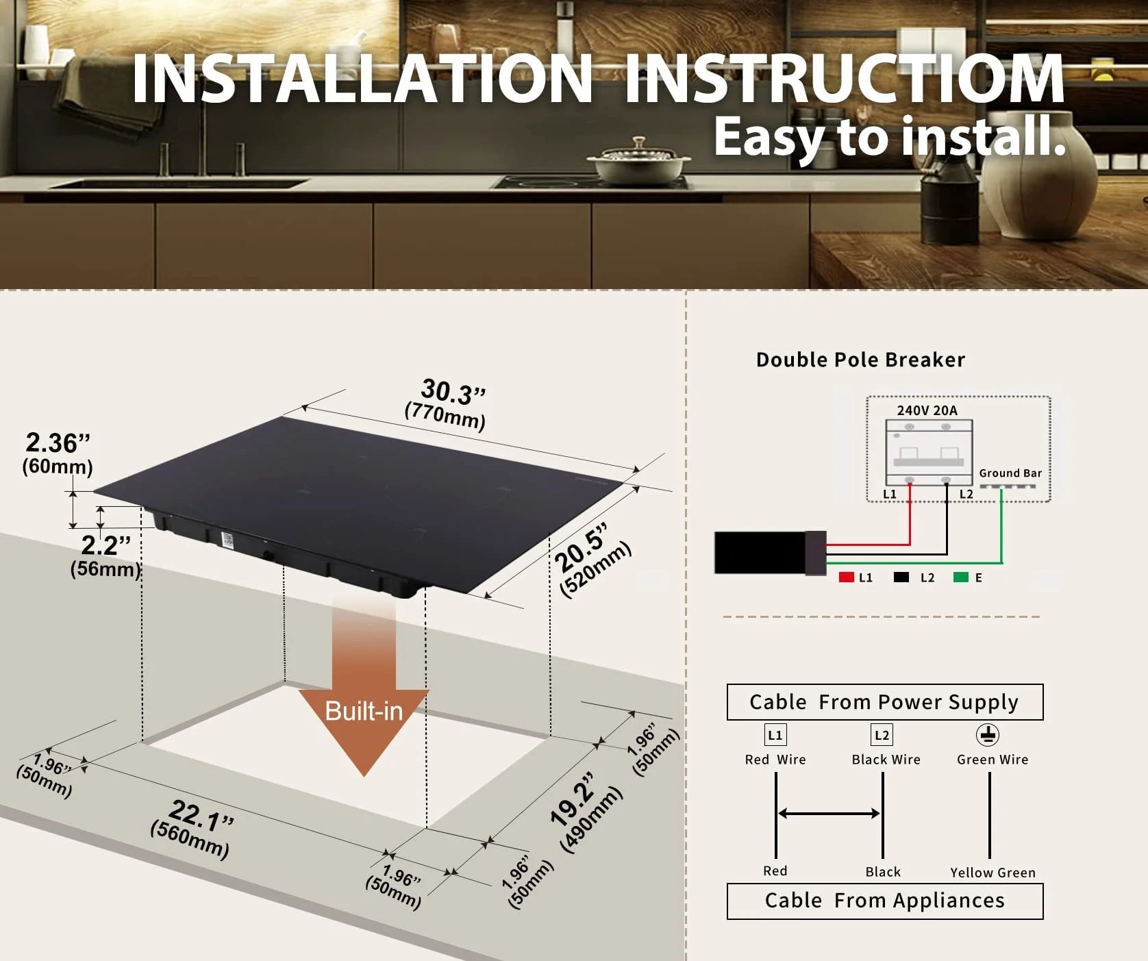 30" Induction Cooktop, 4 Burner Cooktop, 7000W, Boost Function, (No Plug)