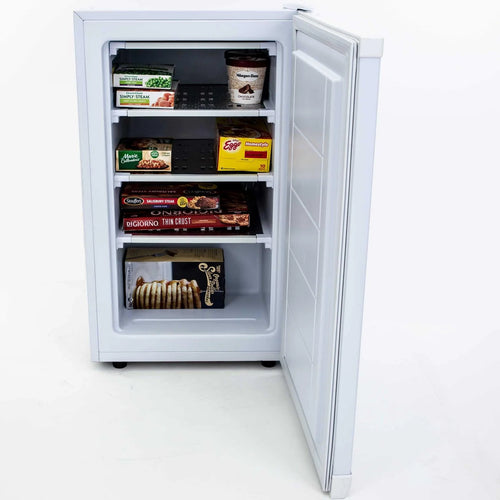 Avanti VF306 Compact Upright Freezer with 3 Metal Shelves, Adjustable Temperature Control, Flush-Back Design Perfect for Homes, Garages, Basements, White