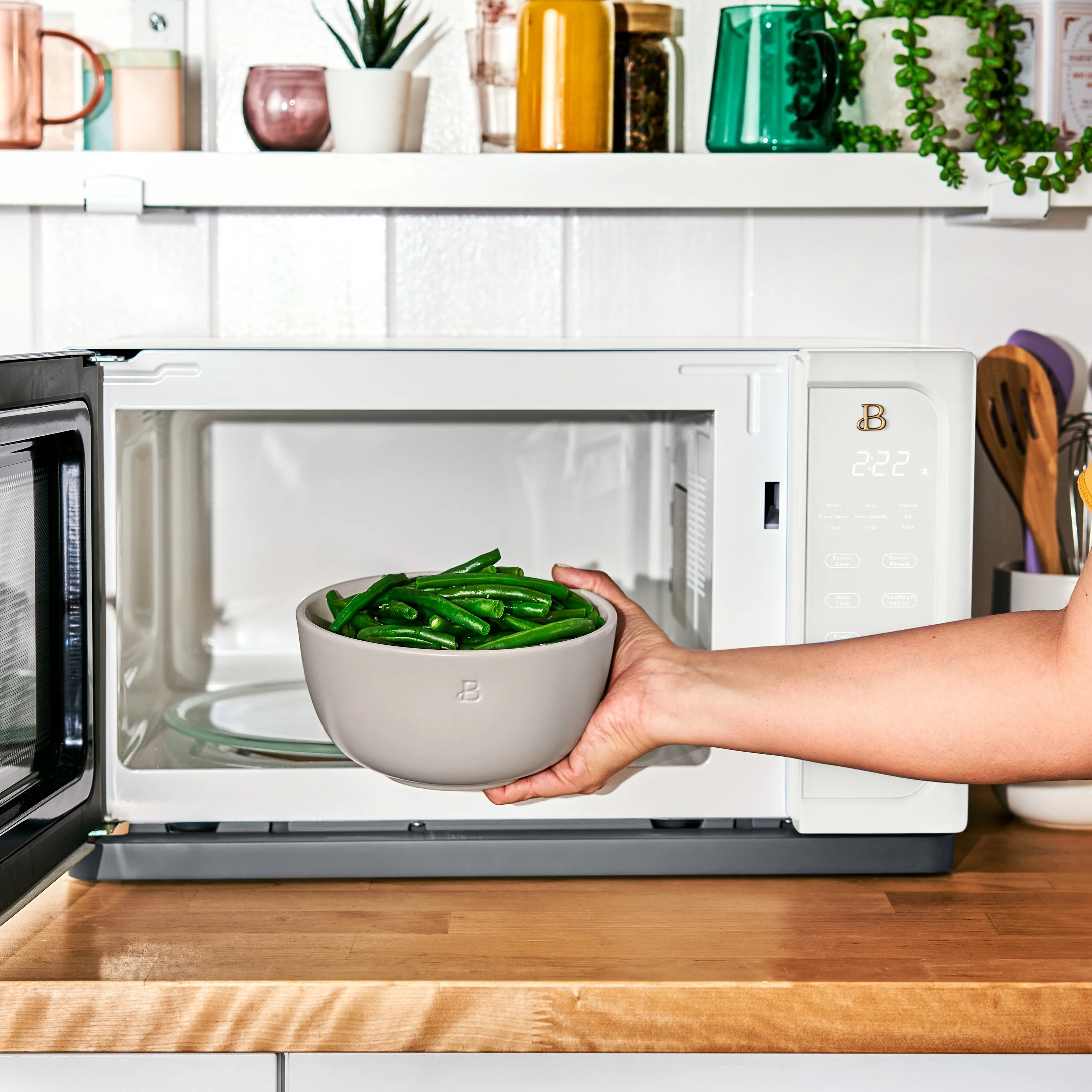Beautiful 1.1 Cu ft 1000 Watt, Sensor Microwave Oven, White Icing by Drew Barrymore, New