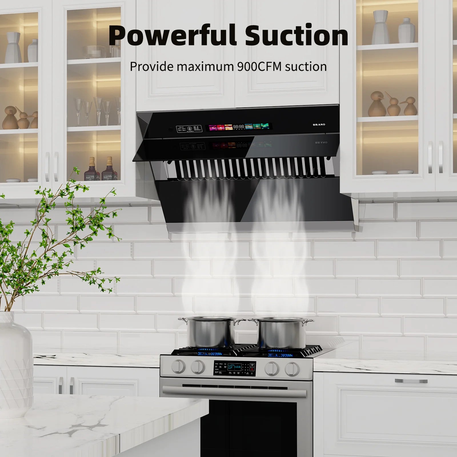BRANO 30 inch Range Hood Stainless Steel Kitchen Hood, 900CFM, Voice/Gesture Sensing, Touch Control, Side-Draft Design