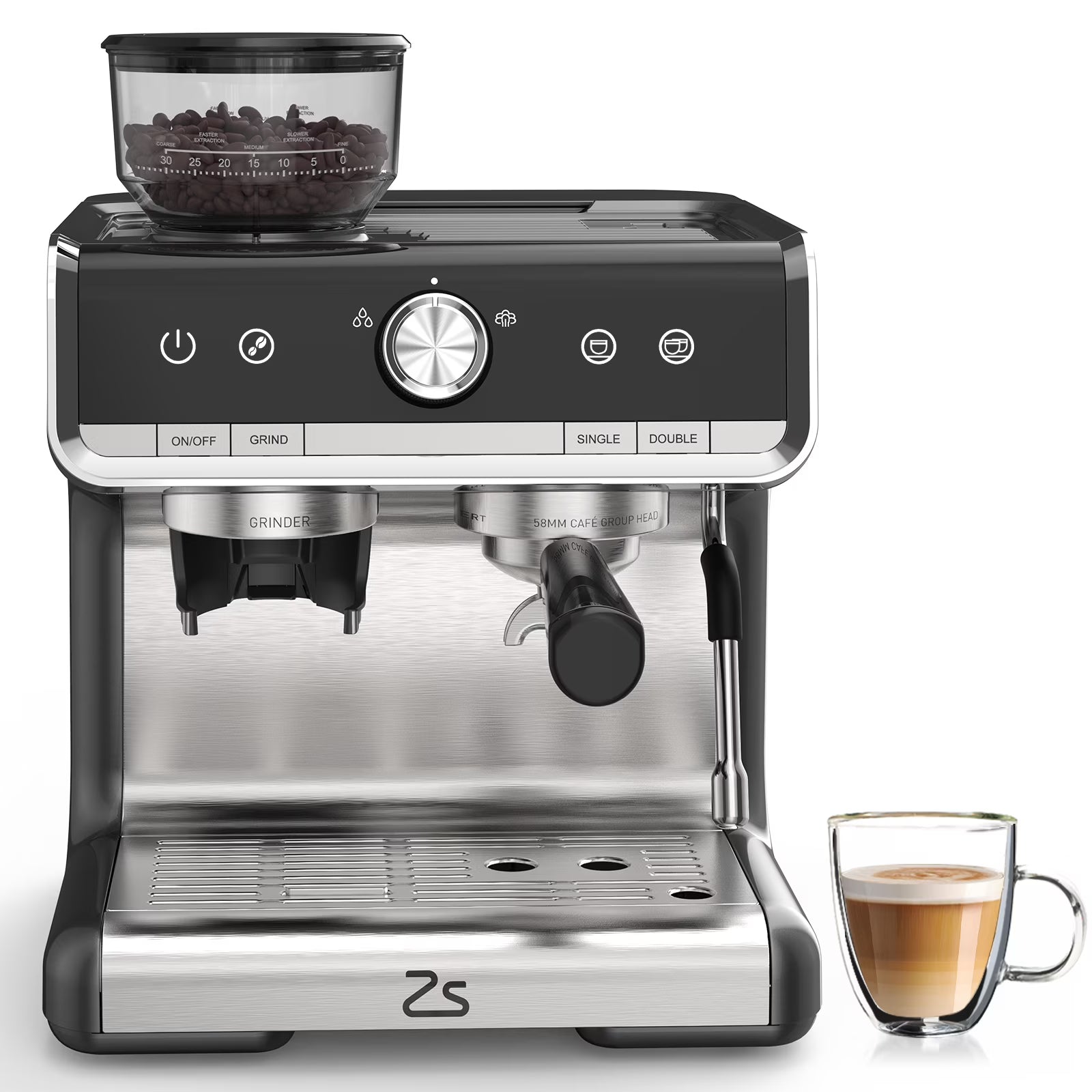 Espresso Coffee Machine with Grinder, 20 Bar Semi-Automatic Espresso Maker with Milk Frother Steamer Wand for Cappuccino, Latte, Macchiato, 2.8 L Water Tank, PID Temperature Control, Silver