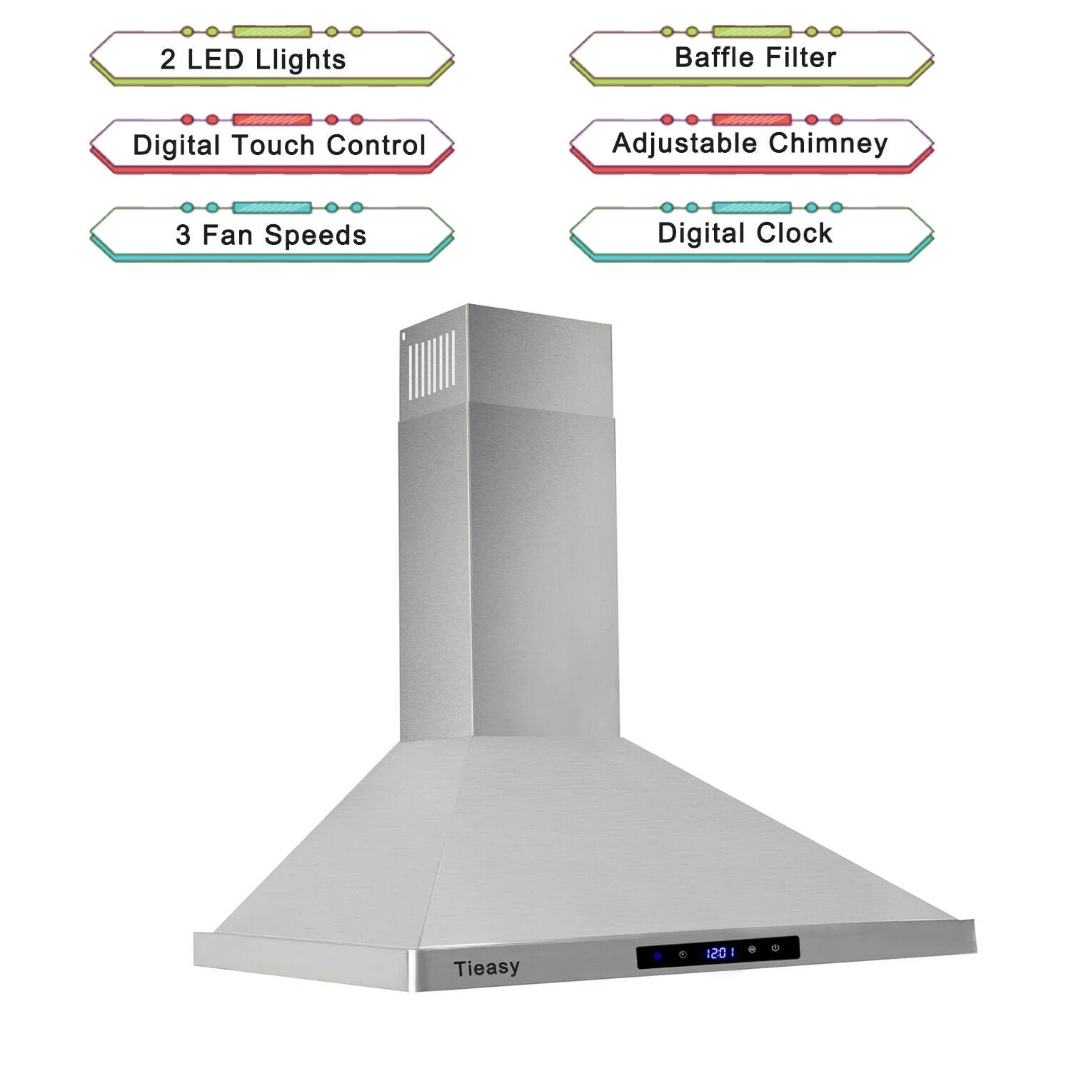 30 inch 760 CFM Wall Mount Range Hood Stainless Steel Stove Cook Vent LED Lights