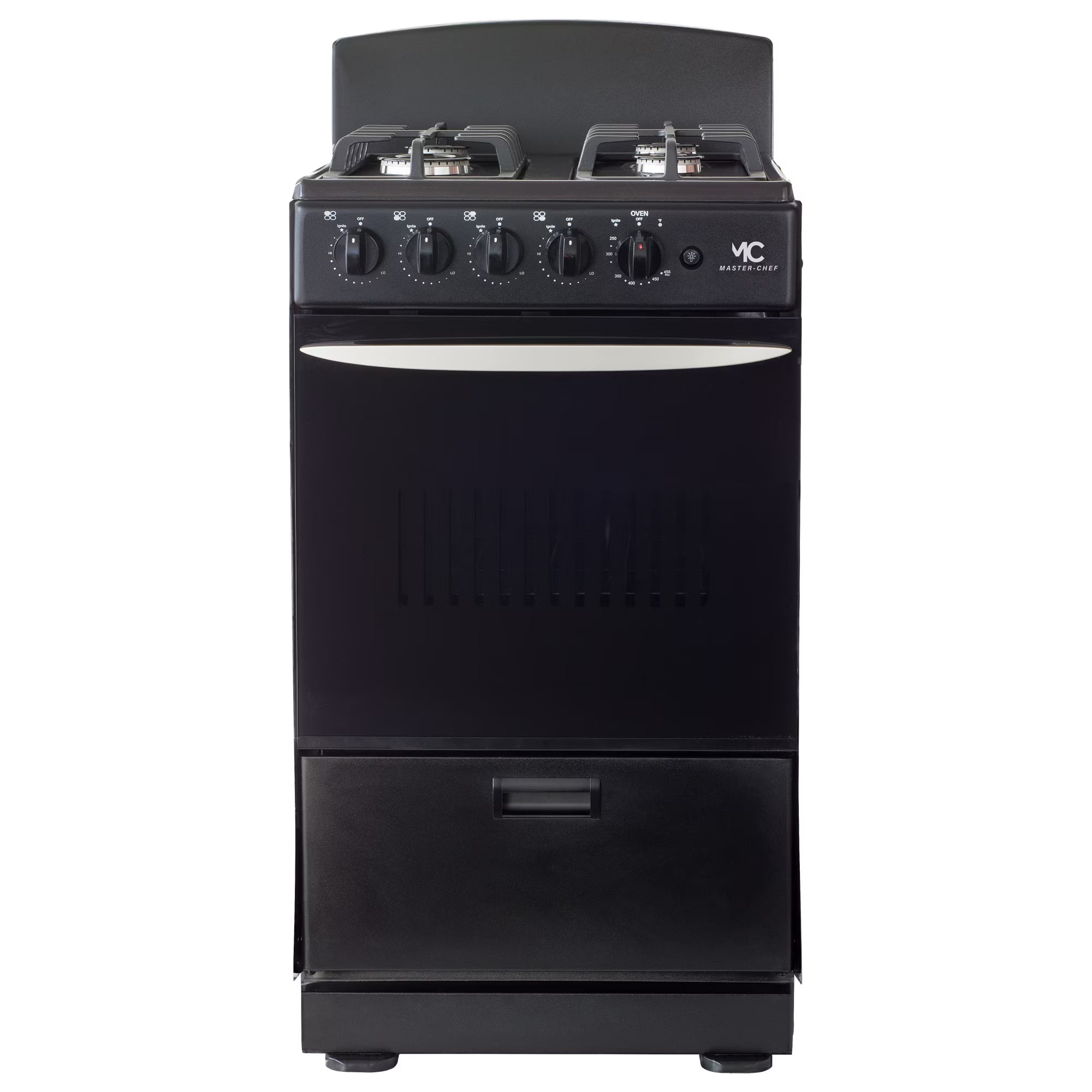 Master-Chef - 20" Black B Gas Space Saver Range with 2.4 CFT Oven Capacity - Italian SABAF Sealed Burners, 1 Ultra-Fast and 3 Fast �C Easy to Clean, Iron Grates, and Cool Knobs CSA Certified