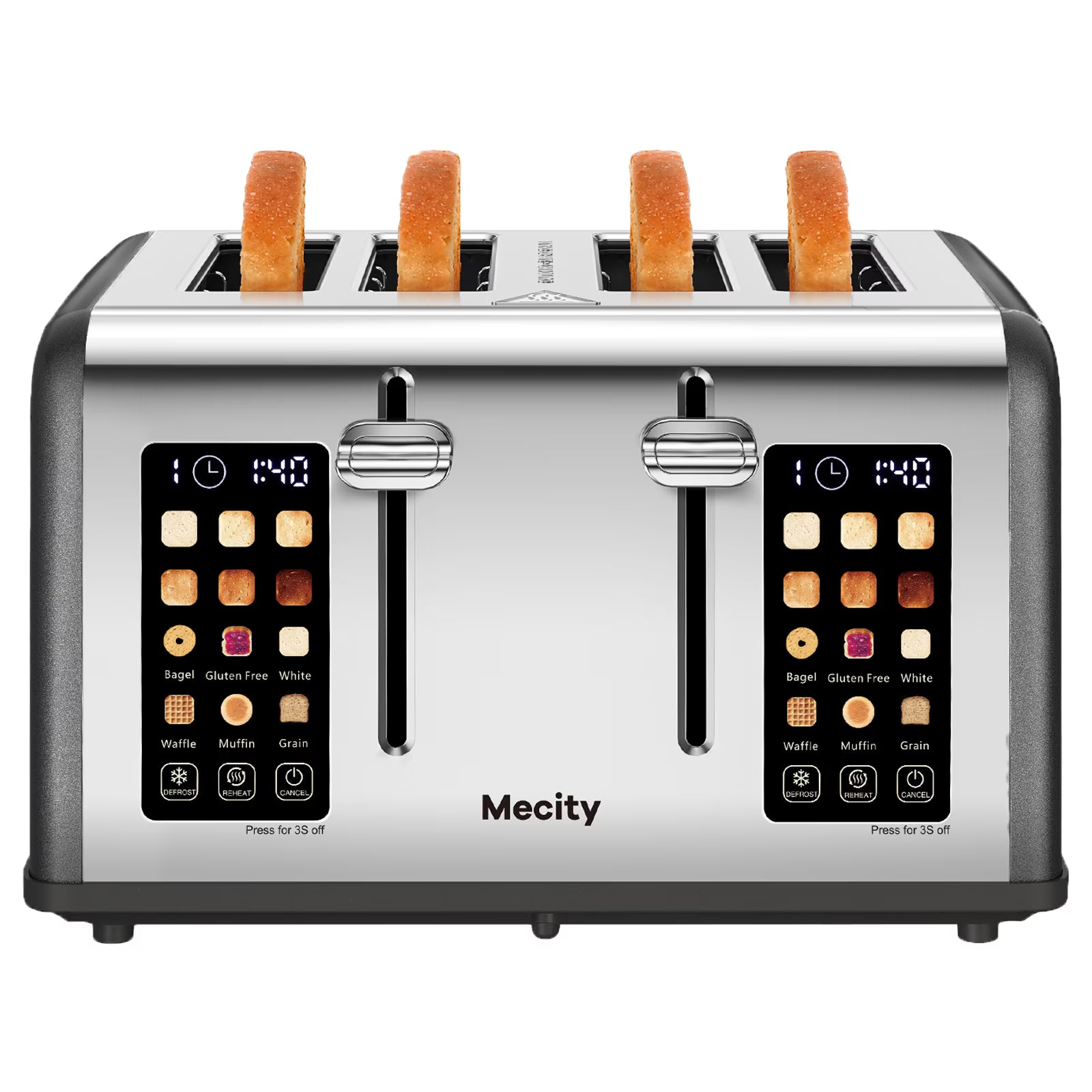 Mecity 4-Slice Touchscreen Toaster, Stainless Steel, 6 Browning Settings, Reheat, Cancel, Defrost, Removable Tray