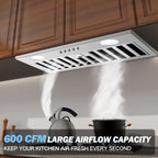 20" 600 CFM Range Hood Insert, Ultra-Quiet ��60dB, Dishwasher-Safe Filter, 3-Speed, LED Lights, Ductless/Ducted