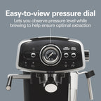 Hamilton Beach 15-Bar, 2 Cup Espresso Machine, Slide & Lock Espresso Maker with Milk Frother, Black & Chrome