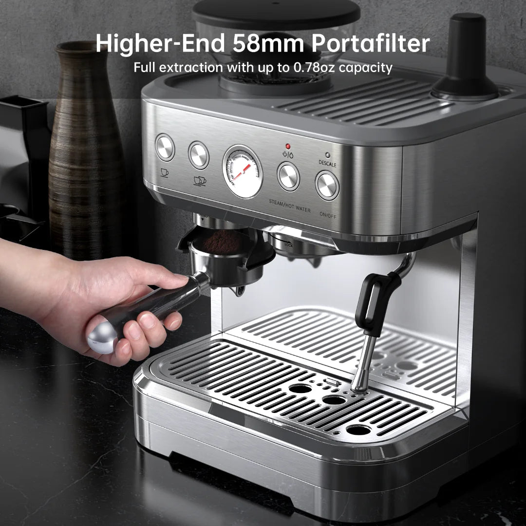 Espresso Machine with Milk Frother and Grinder, 2.5L Water Tank, Brushed Stainless Steel