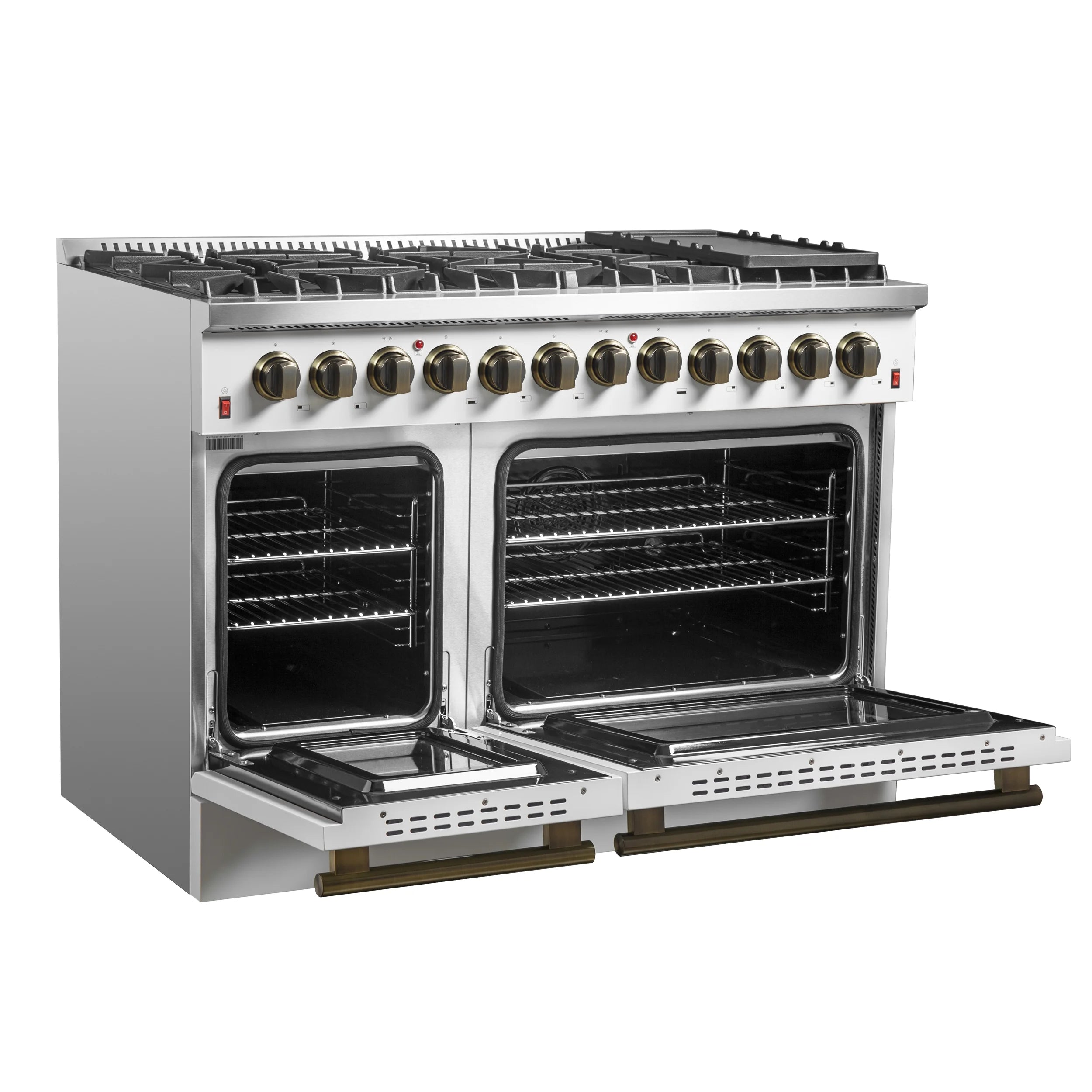 Galiano 48-inch Dual Fuel Range White  Antique Brass Design with 8 Sealed Burners 107,000 BTU, 6.58 cu. ft. double ovens  Griddle