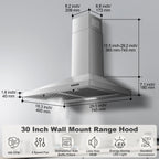 Range Hood 30 inch 450 CFM Wall Mount Range Hood with Baffle Filters 3 Speed Fan Vent Hood
