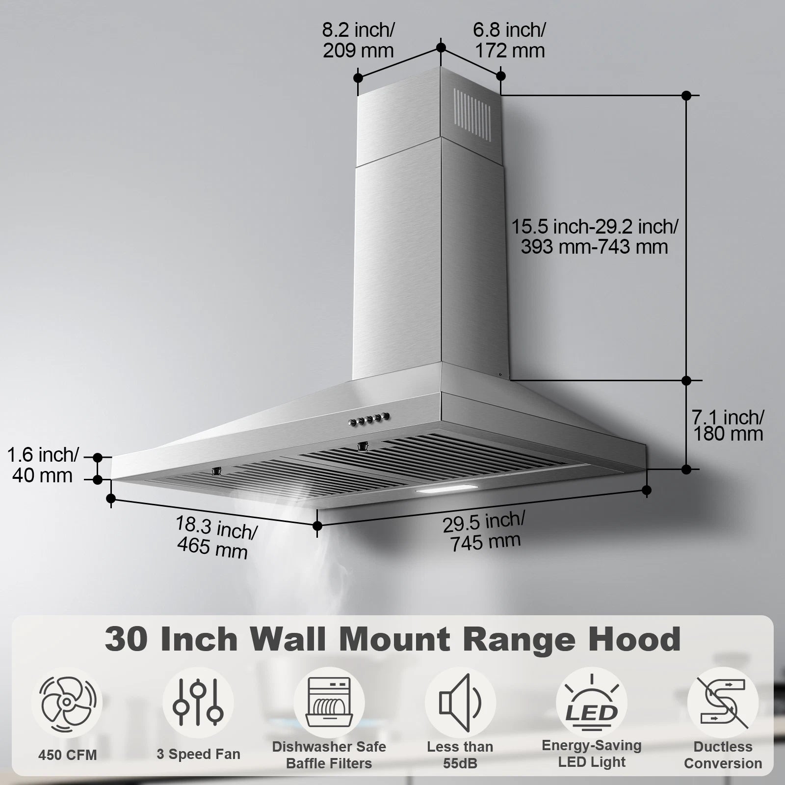 Range Hood 30 inch 450 CFM Wall Mount Range Hood with Baffle Filters 3 Speed Fan Vent Hood