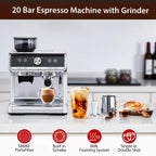 Espresso Coffee Machine with Grinder, 20 Bar Semi-Automatic Espresso Maker with Milk Frother Steamer Wand for Cappuccino, Latte, Macchiato, 2.8 L Water Tank, PID Temperature Control