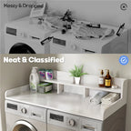 Wood 2-Tier Washer Dryer Countertop with 2.75" H Guard Rails, 54" W x 27.5" D Washer Dryer Topper with Non-Slip Pads for Laundry Room Organization and Storage, White