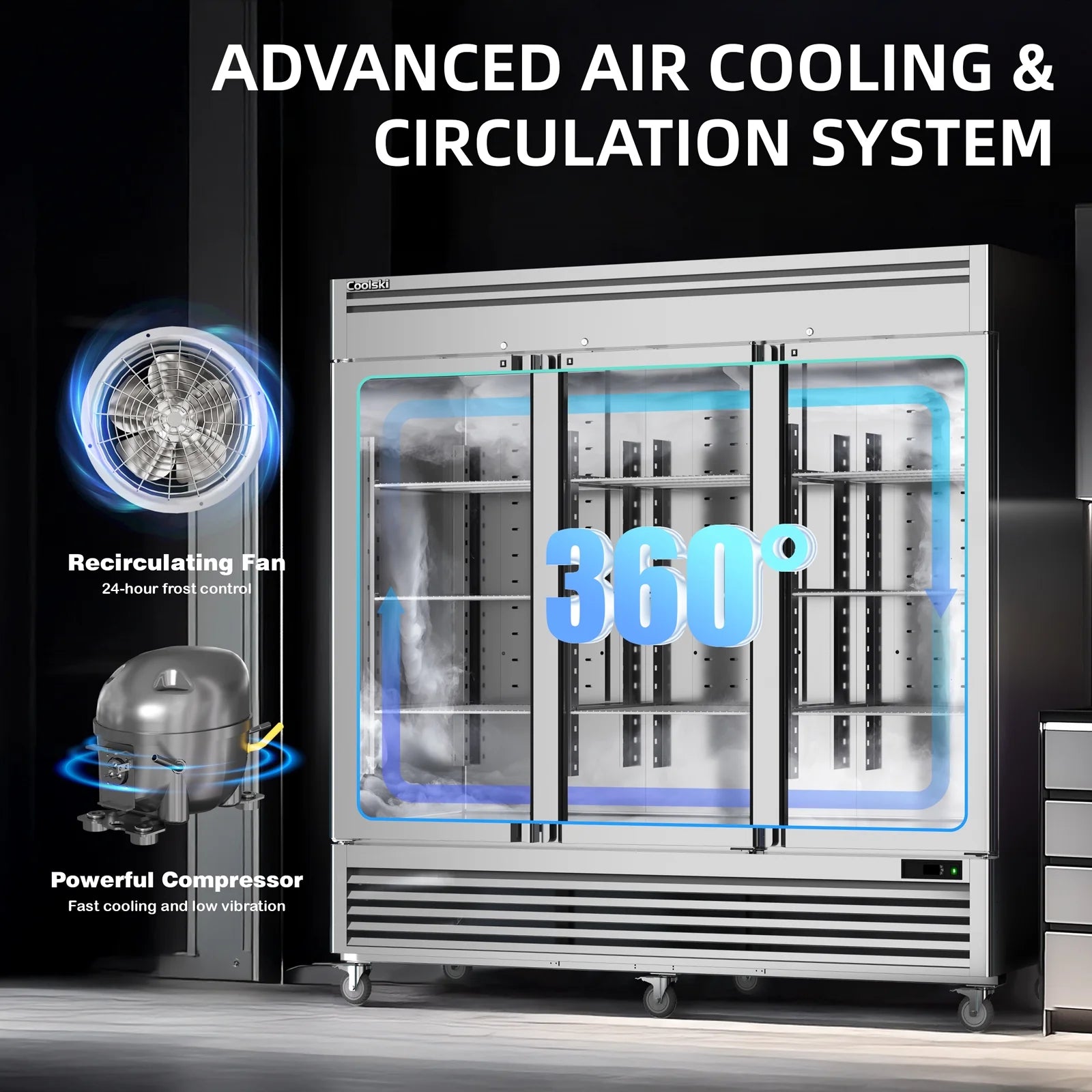 Coolski 82" W Commercial Freezer 72 Cu.ft 3 Door Reach-in Stainless Steel Commercial Freezer