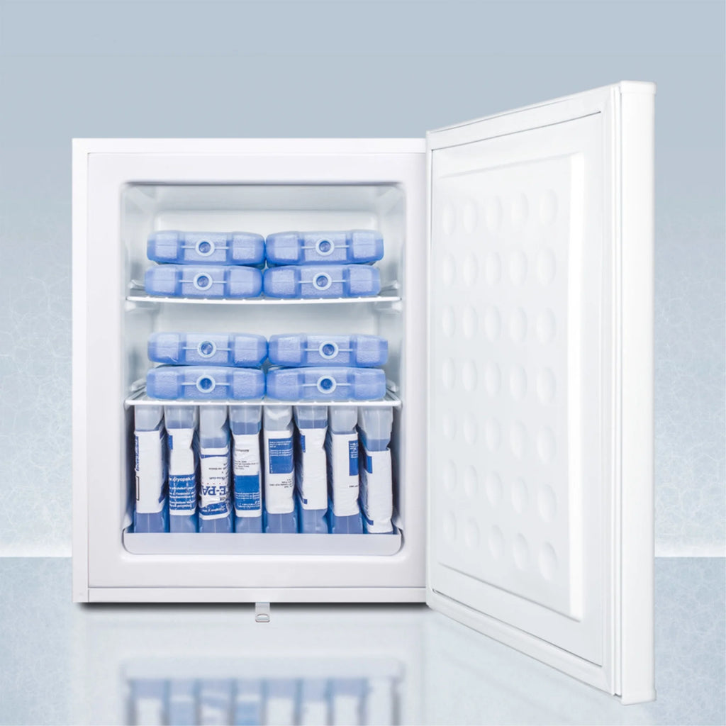 Compact manual defrost all-freezer with lock and probe hole