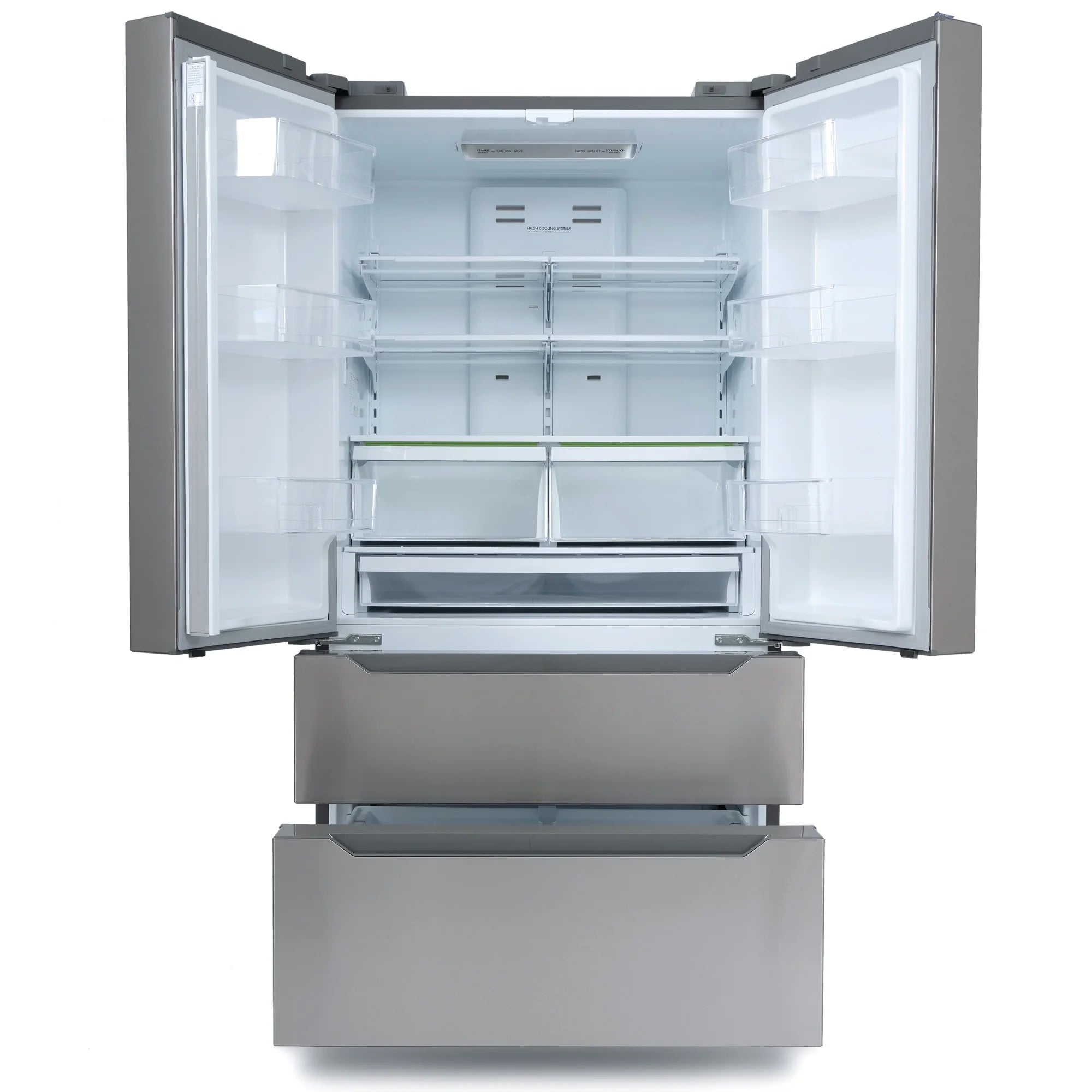 Cosmo 4 Piece Kitchen Appliance Packages with 36" Freestanding 220/240V Dual Fuel Range 36" Under Cabinet Mount Range Hood 24" Built-in Dishwasher & French Door Refrigerator Kitchen Appliance Bundles
