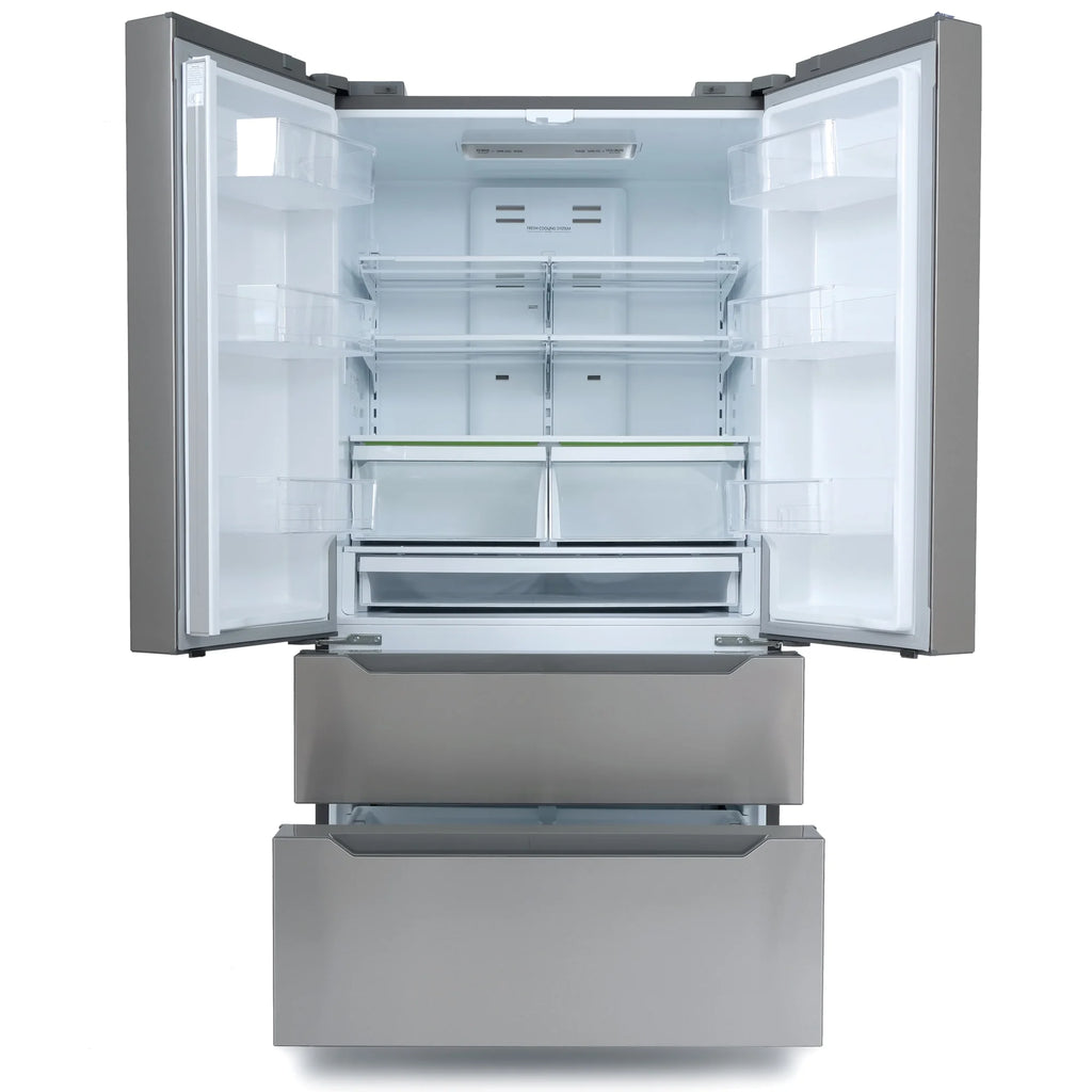 Cosmo 5 Piece Kitchen Appliance Packages with 30" Freestanding Electric Range 30" Island Range Hood 24" Built-in Fully Integrated Dishwasher French Door Refrigerator & 48 Bottle Wine Refrigerator