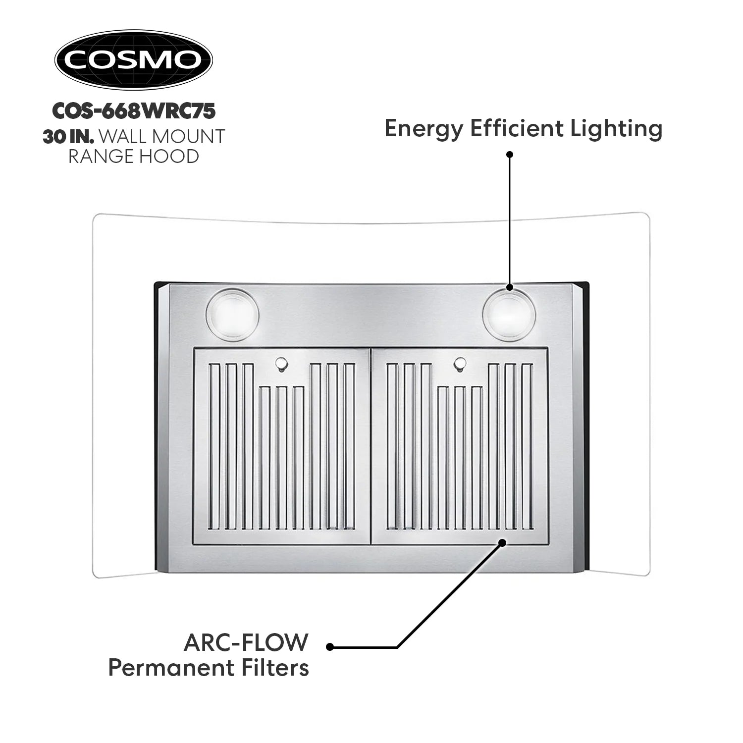 30 in. Vista Collection Ductless Wall Mount Range Hood, Button Controls, LED Lights, Stainless Steel