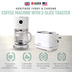 Haden 12 Cup Coffee Maker with 2 Slice Stainless Steel Bread Toaster, White