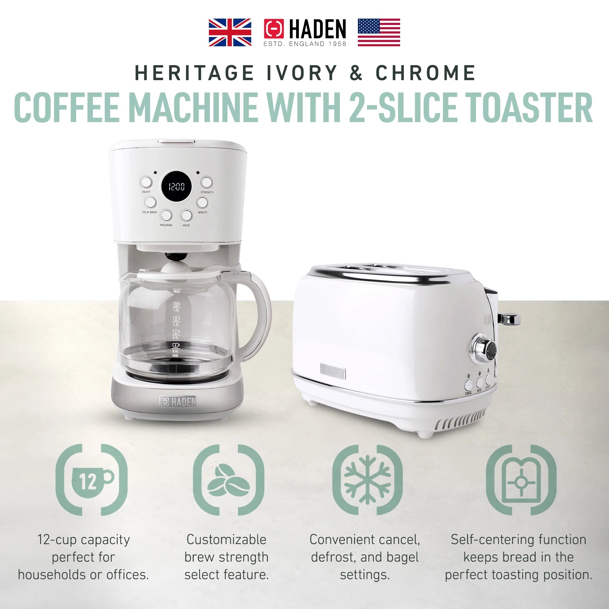 Haden 12 Cup Coffee Maker with 2 Slice Stainless Steel Bread Toaster, White