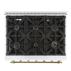 Forno Antico 36-inch Dual Fuel Range White and Antique Brass Design with 6 Sealed Gas Burners and Electric Convection Oven