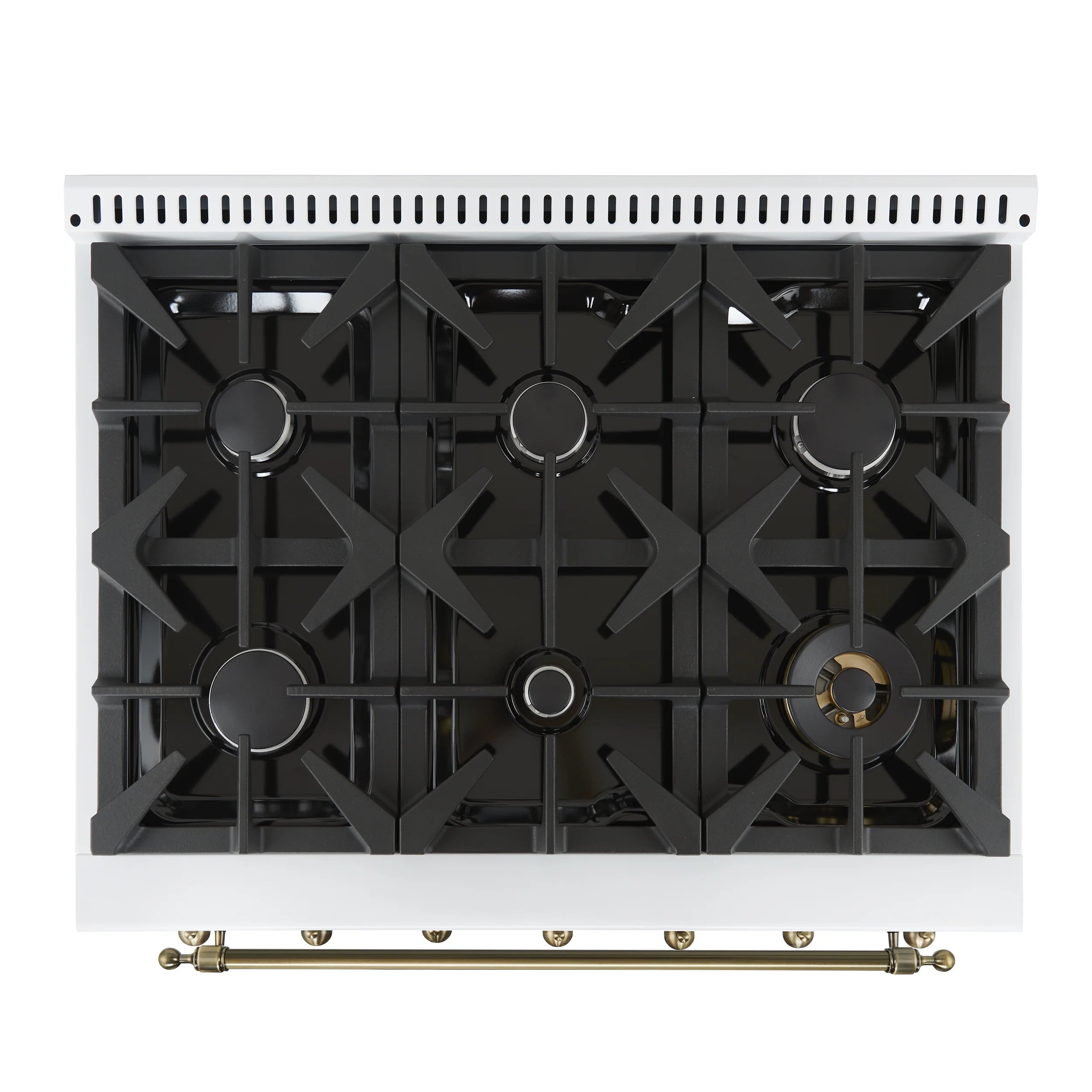 Forno Antico 36-inch Dual Fuel Range White and Antique Brass Design with 6 Sealed Gas Burners and Electric Convection Oven